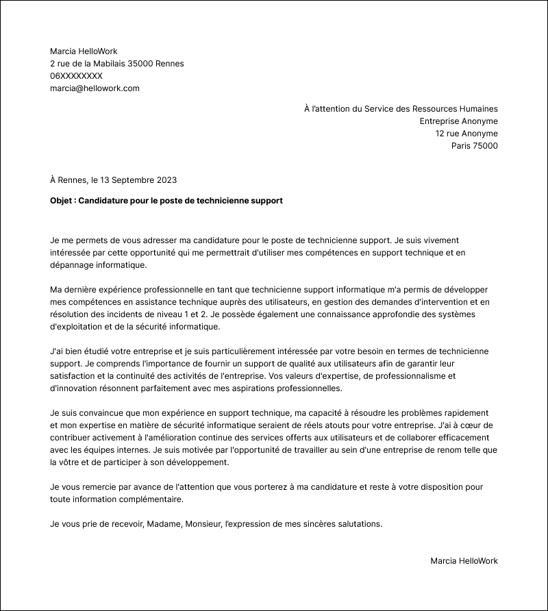 Modèle lettre de motivation Technicien support Exemple lettre de motivation Technicien support