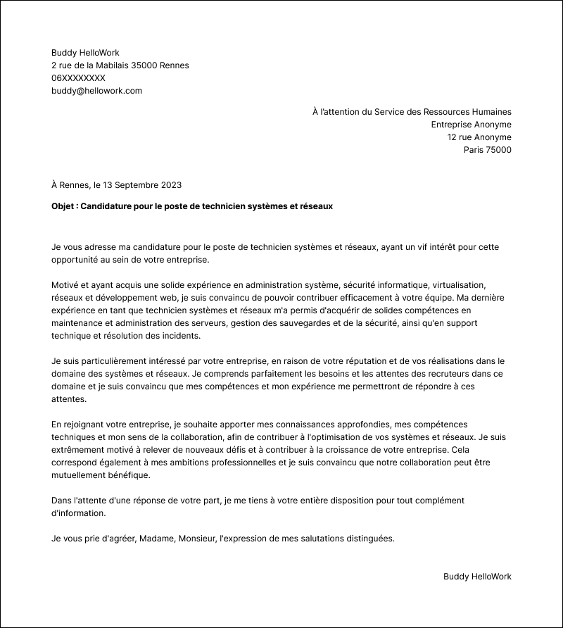 Exemple lettre de motivation Technicien systèmes et réseaux