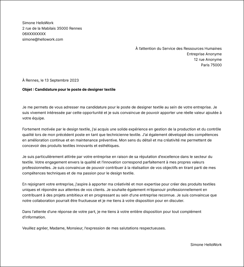 Modèle lettre de motivation Technicien textile Exemple lettre de motivation Technicien textile