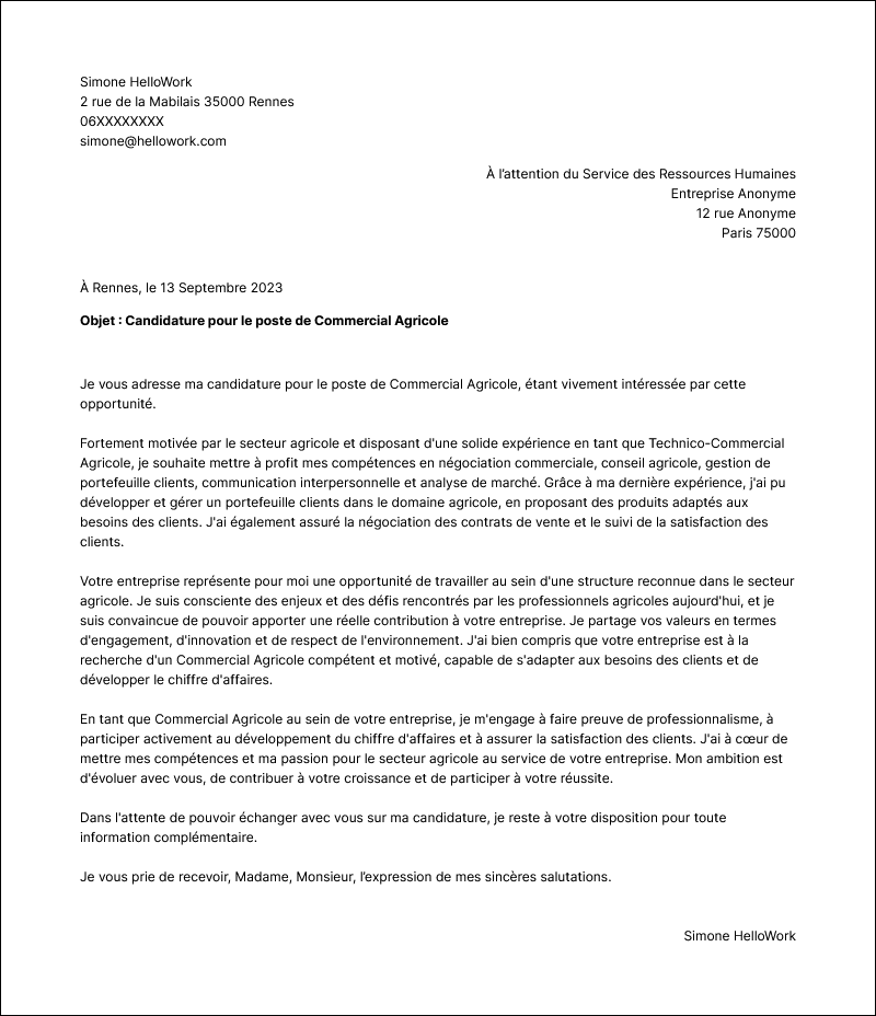 Modèle lettre de motivation Technico-commercial agricole Exemple lettre de motivation Technico-commercial agricole