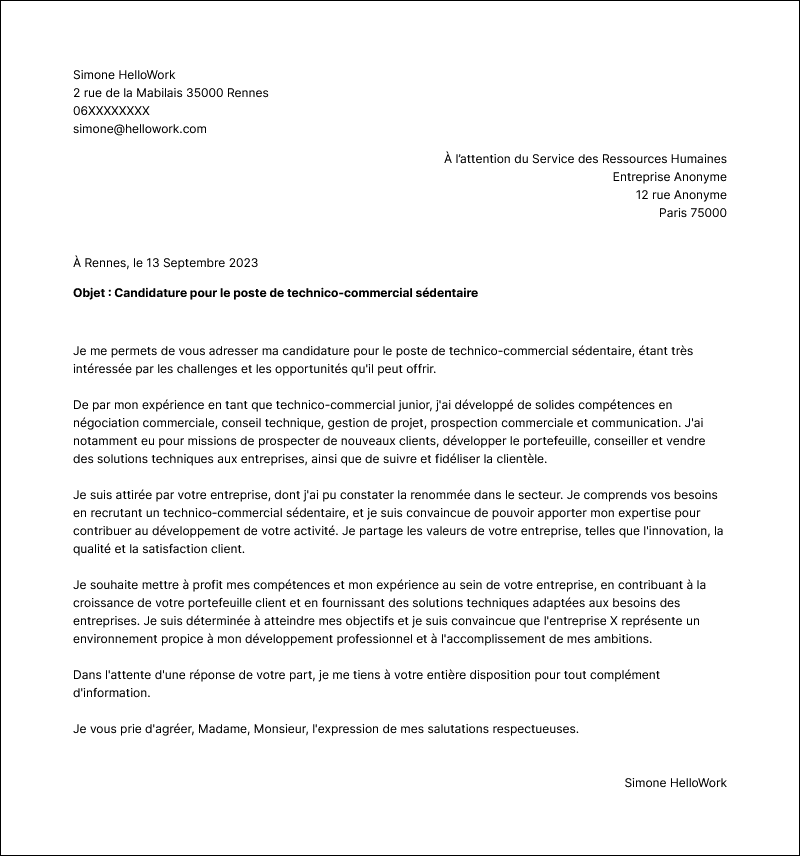 Modèle lettre de motivation Technico-commercial sédentaire Exemple lettre de motivation Technico-commercial sédentaire