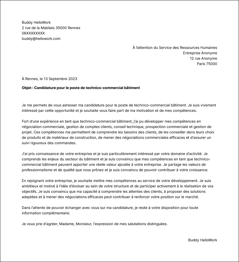 Modèle lettre de motivation Technico commercial bâtiment Exemple lettre de motivation Technico commercial bâtiment