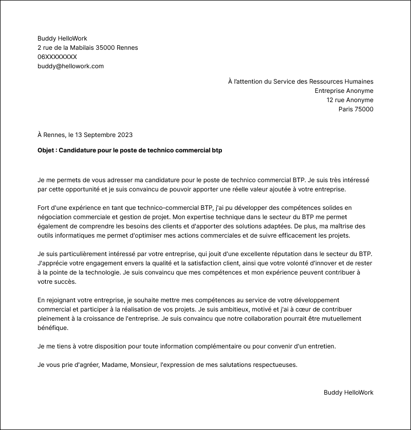 Modèle lettre de motivation Technico commercial BTP Exemple lettre de motivation Technico commercial BTP