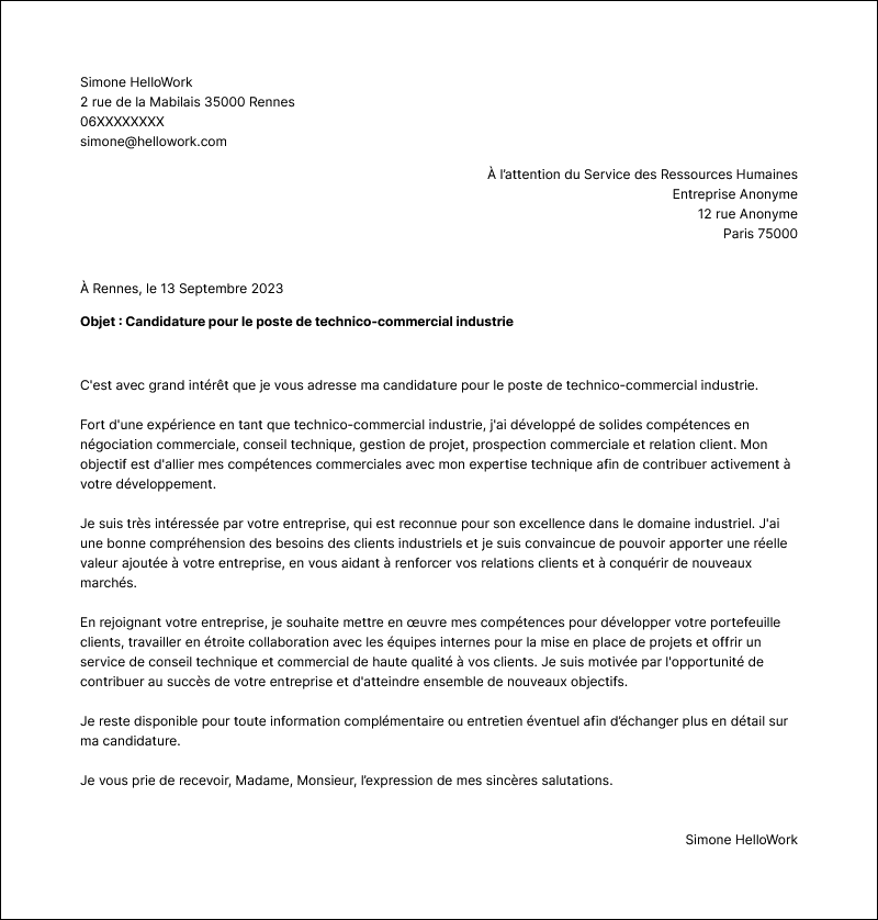 Modèle lettre de motivation Technico-commercial industrie Exemple lettre de motivation Technico-commercial industrie