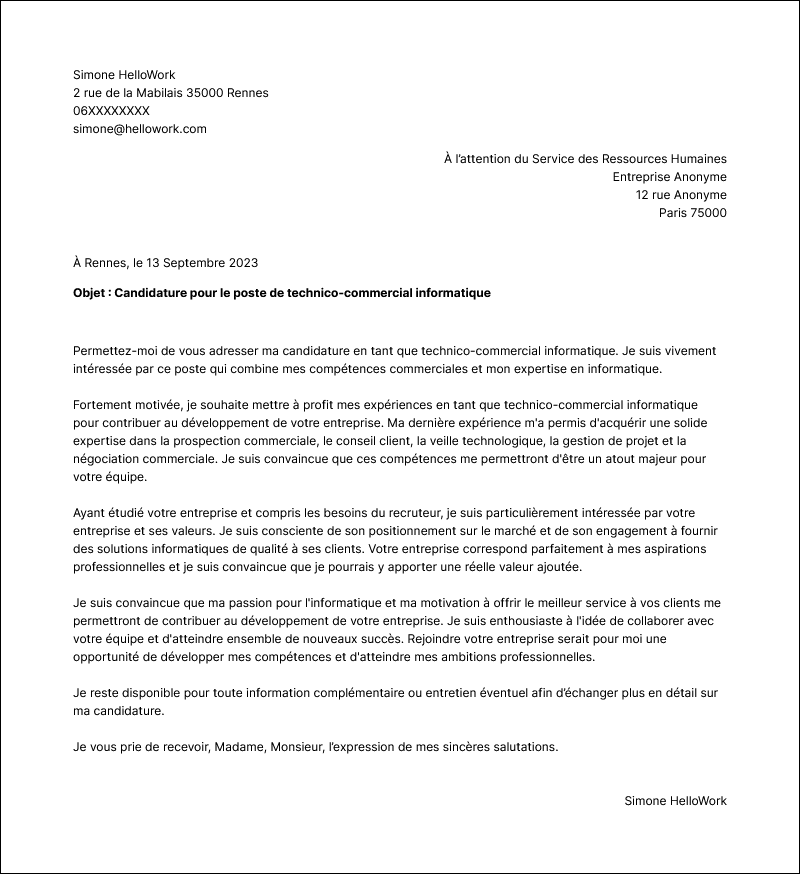 Modèle lettre de motivation Technico-commercial informatique Exemple lettre de motivation Technico-commercial informatique