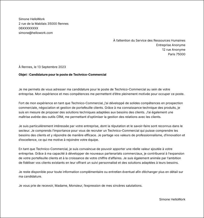 Modèle lettre de motivation Technico-commercial Exemple lettre de motivation Technico-commercial