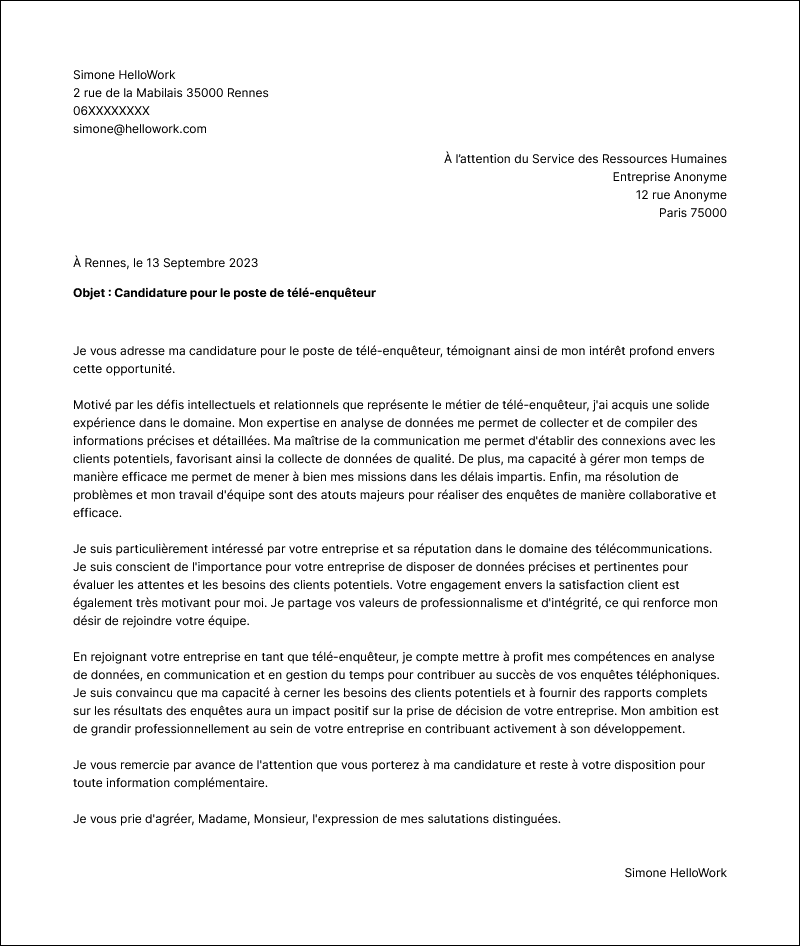 Modèle lettre de motivation Téléenquêteur Exemple lettre de motivation Téléenquêteur