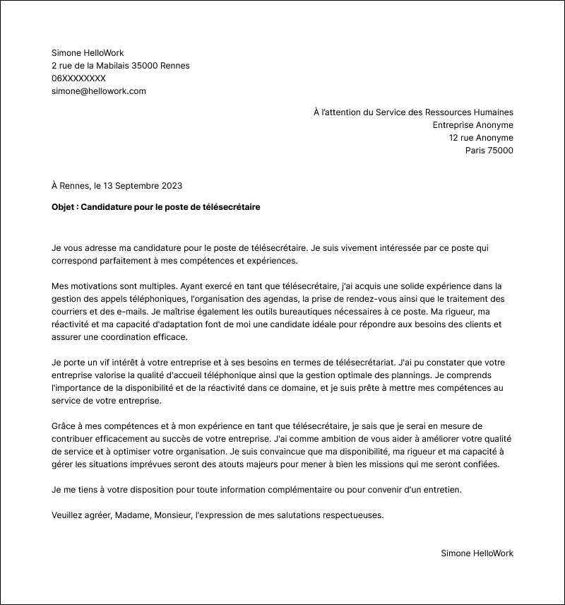 Modèle lettre de motivation Télésecrétaire Exemple lettre de motivation Télésecrétaire