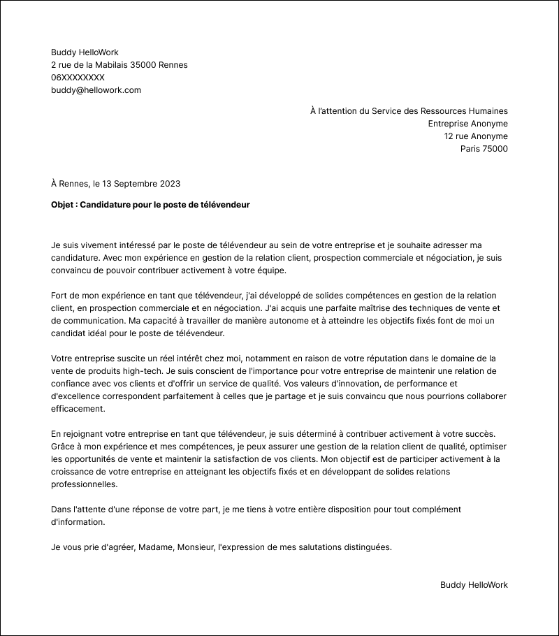 Modèle lettre de motivation Télévendeur Exemple lettre de motivation Télévendeur