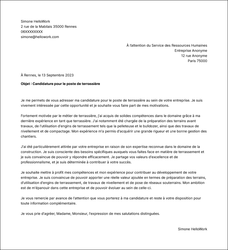 Modèle lettre de motivation Terrassier Exemple lettre de motivation Terrassier