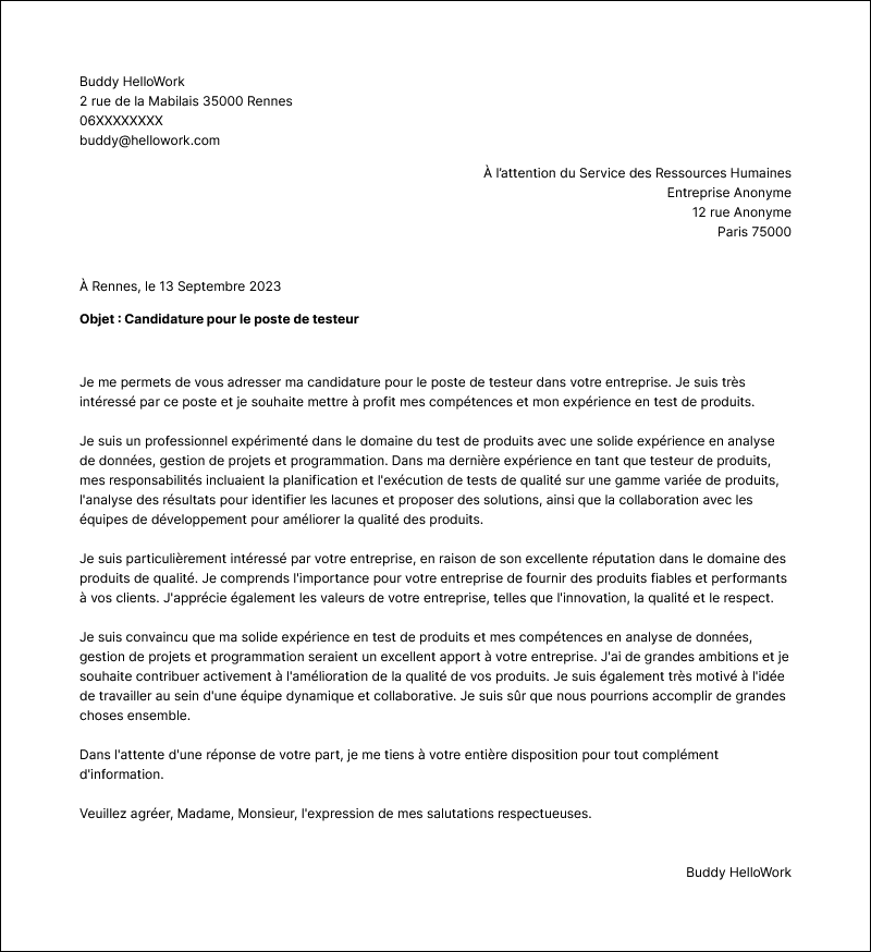 Modèle lettre de motivation Testeur de produits Exemple lettre de motivation Testeur de produits