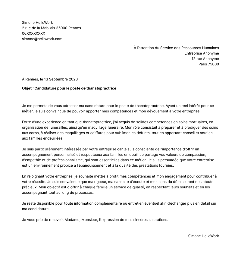 Modèle lettre de motivation Thanatopracteur Exemple lettre de motivation Thanatopracteur