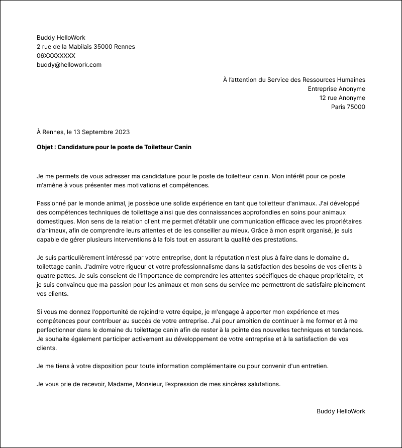 Modèle lettre de motivation Toiletteur canin Exemple lettre de motivation Toiletteur canin