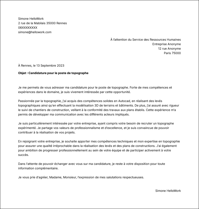 Exemple lettre de motivation Topographe