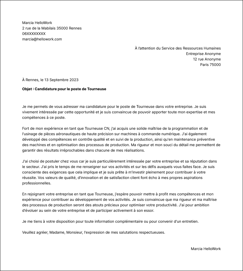 Modèle lettre de motivation Tourneur Exemple lettre de motivation Tourneur