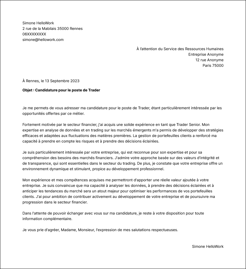 Modèle lettre de motivation Trader Exemple lettre de motivation Trader