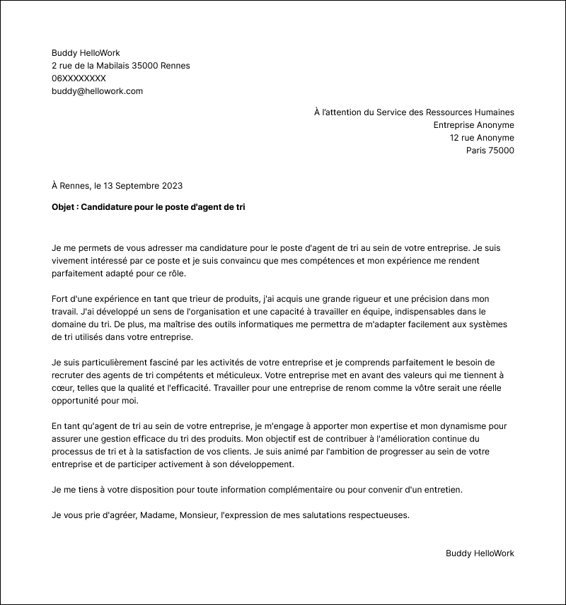 Modèle lettre de motivation Trieur Exemple lettre de motivation Trieur