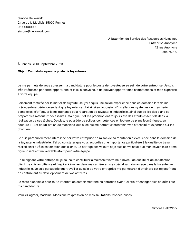 Modèle lettre de motivation Tuyauteur Exemple lettre de motivation Tuyauteur