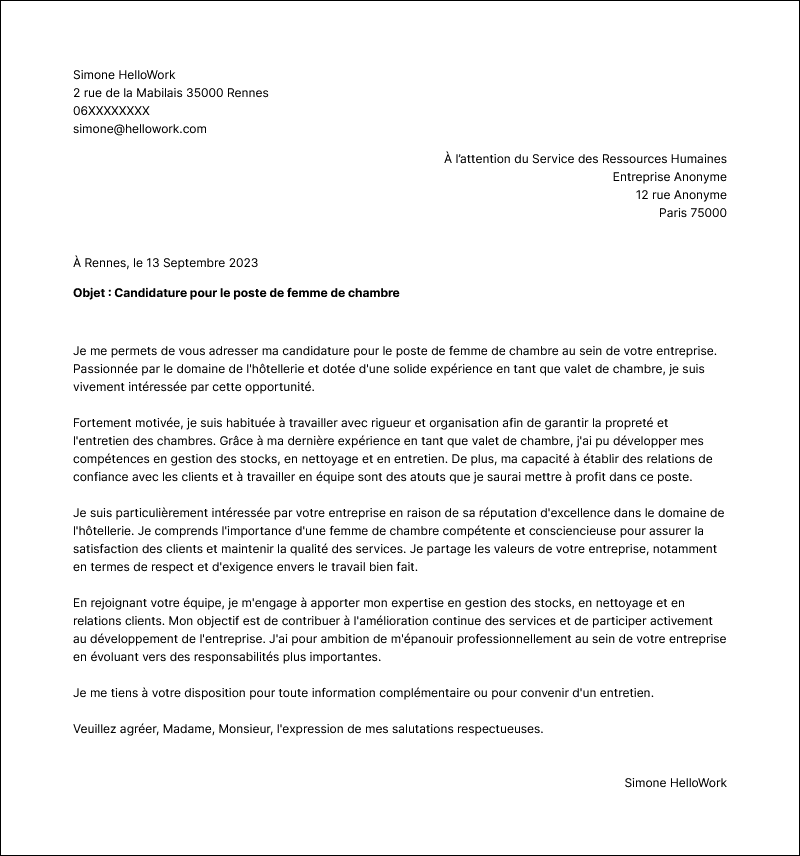 Modèle lettre de motivation Femme de chambre Exemple lettre de motivation Femme de chambre