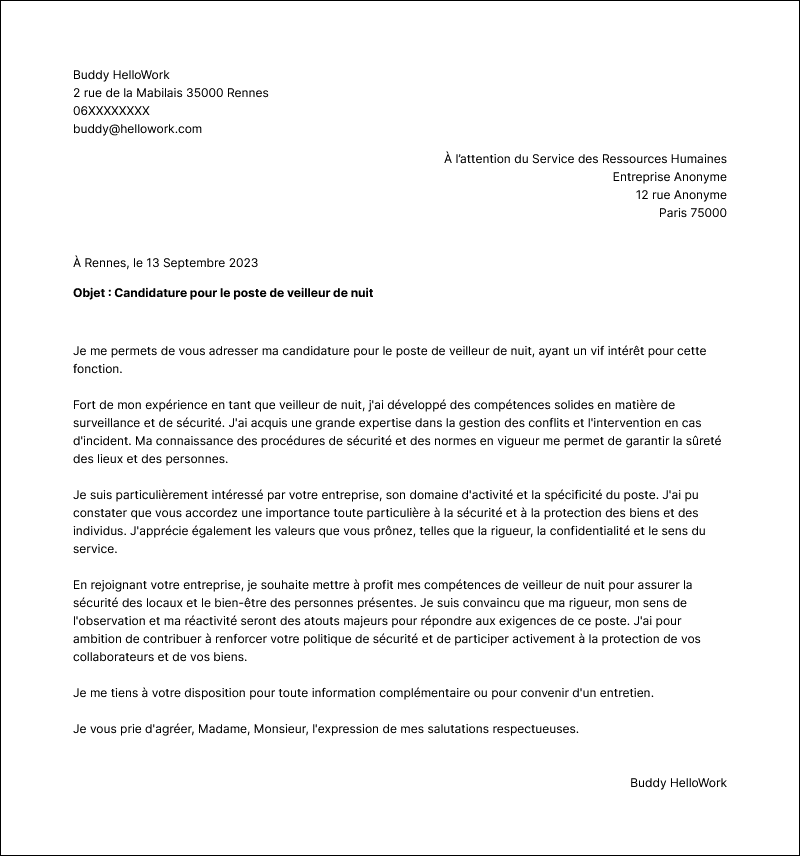 Modèle lettre de motivation Veilleur de nuit Exemple lettre de motivation Veilleur de nuit