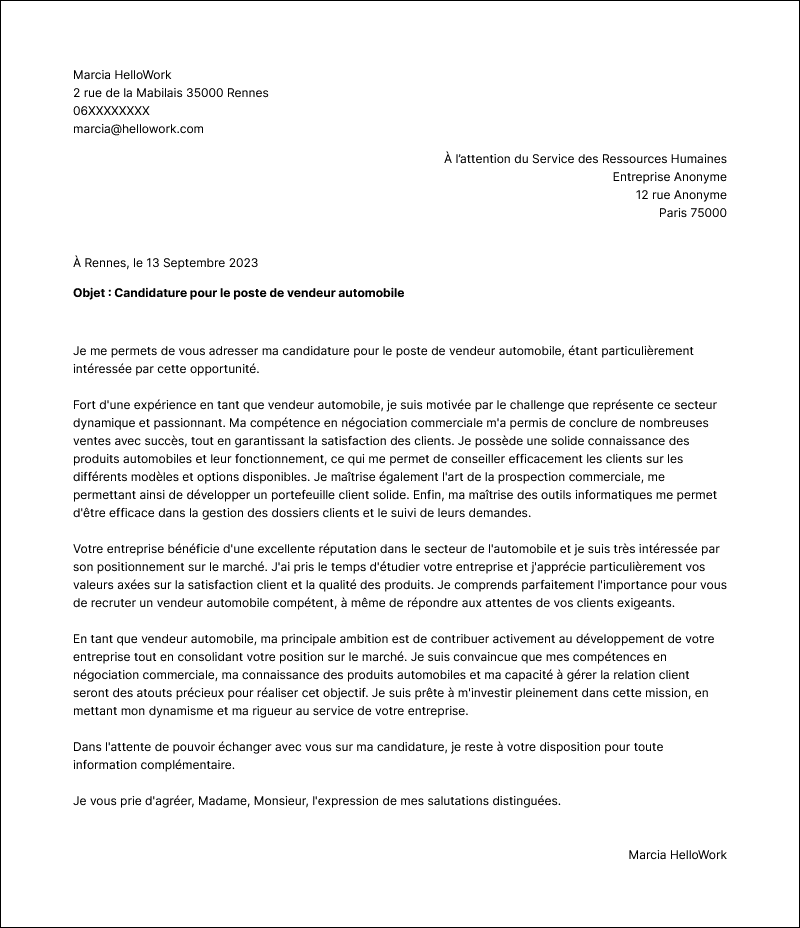 Modèle lettre de motivation Vendeur automobile Exemple lettre de motivation Vendeur automobile