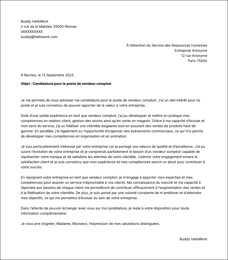 Modèle lettre de motivation Vendeur comptoir Exemple lettre de motivation Vendeur comptoir