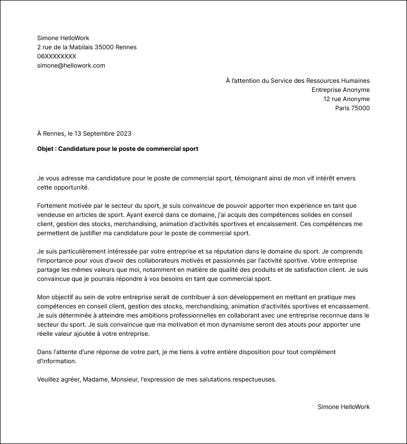 Modèle lettre de motivation Commercial sport Exemple lettre de motivation Commercial sport