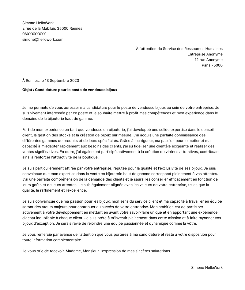 Exemple lettre de motivation Vendeur en bijouterie