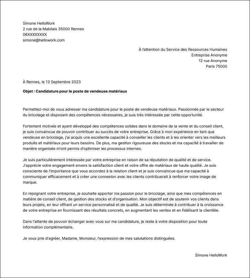 Modèle lettre de motivation Vendeur en bricolage Exemple lettre de motivation Vendeur en bricolage
