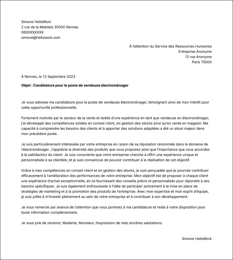Modèle lettre de motivation Vendeur en électroménager Exemple lettre de motivation Vendeur en électroménager