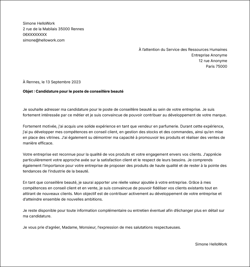 Modèle lettre de motivation Conseillère beauté Exemple lettre de motivation Conseillère beauté