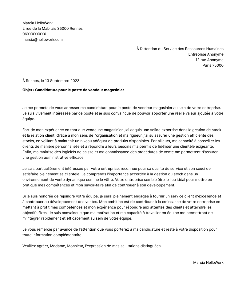 Modèle lettre de motivation Vendeur magasinier Exemple lettre de motivation Vendeur magasinier