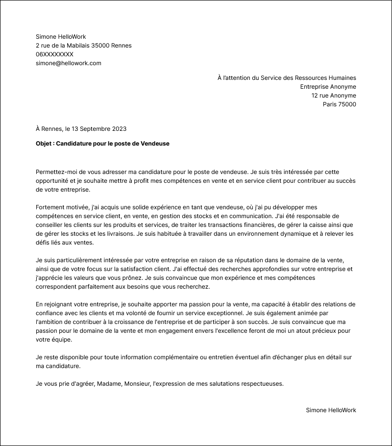 Modèle lettre de motivation Vendeur Exemple lettre de motivation Vendeur