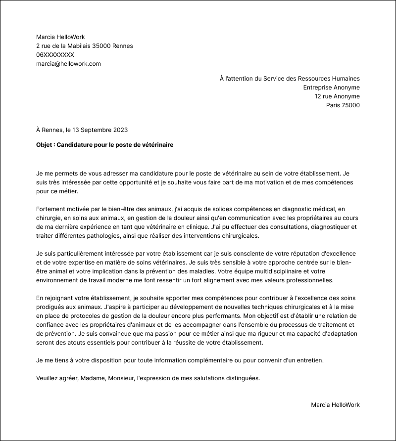 Modèle lettre de motivation Vétérinaire Exemple lettre de motivation Vétérinaire