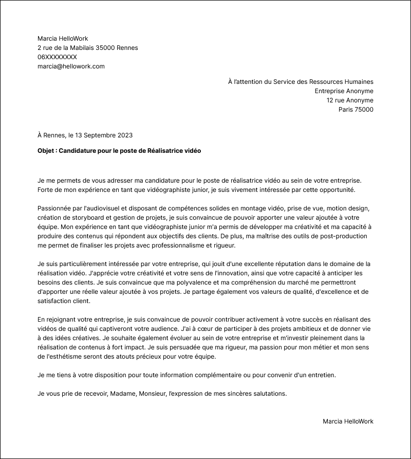 Modèle lettre de motivation Vidéographiste Exemple lettre de motivation Vidéographiste