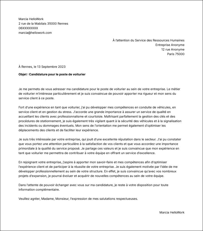 Modèle lettre de motivation Voiturier Exemple lettre de motivation Voiturier