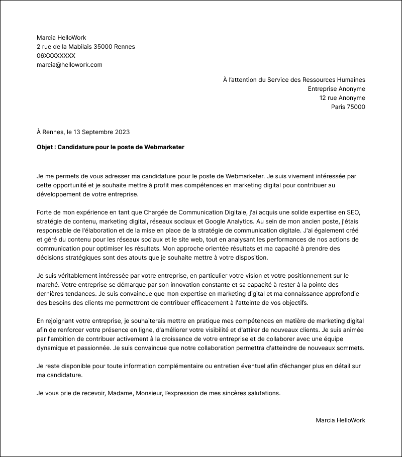Modèle lettre de motivation Webmarketer Exemple lettre de motivation Webmarketer