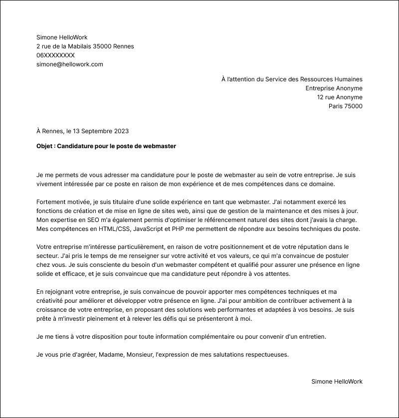 Modèle lettre de motivation Webmaster Exemple lettre de motivation Webmaster