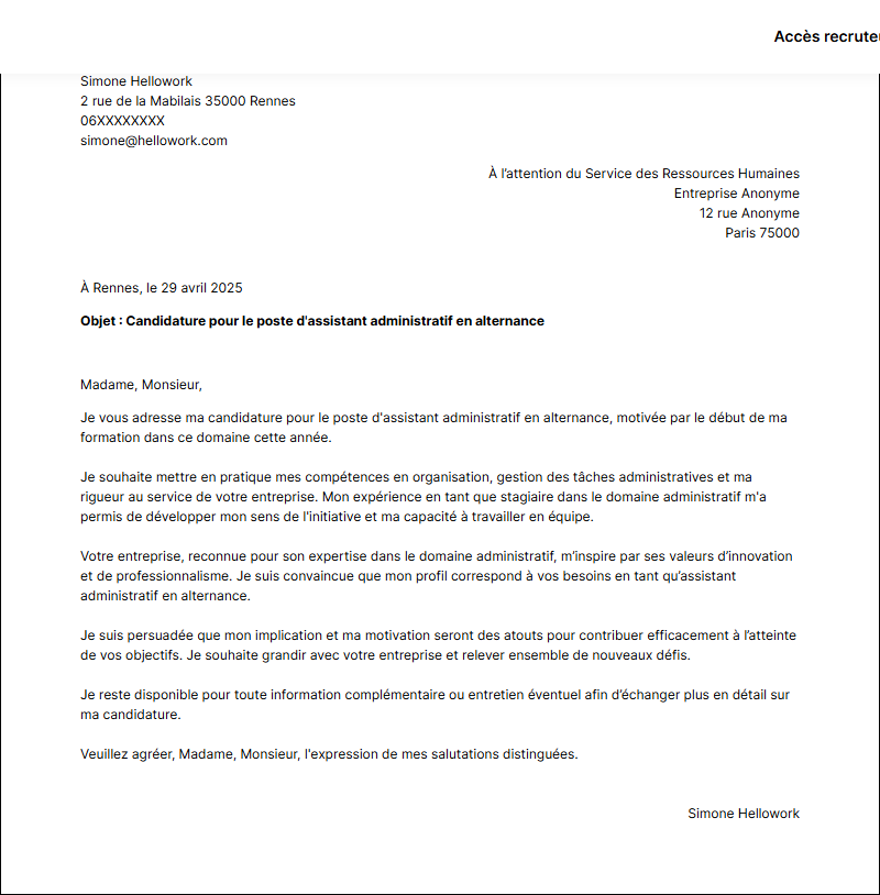 Modèle lettre de motivation Assistant administratif en alternance Exemple lettre de motivation Assistant administratif en alternance