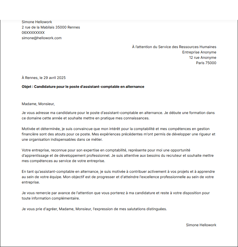 Modèle lettre de motivation Assistant comptable en alternance Exemple lettre de motivation Assistant comptable en alternance