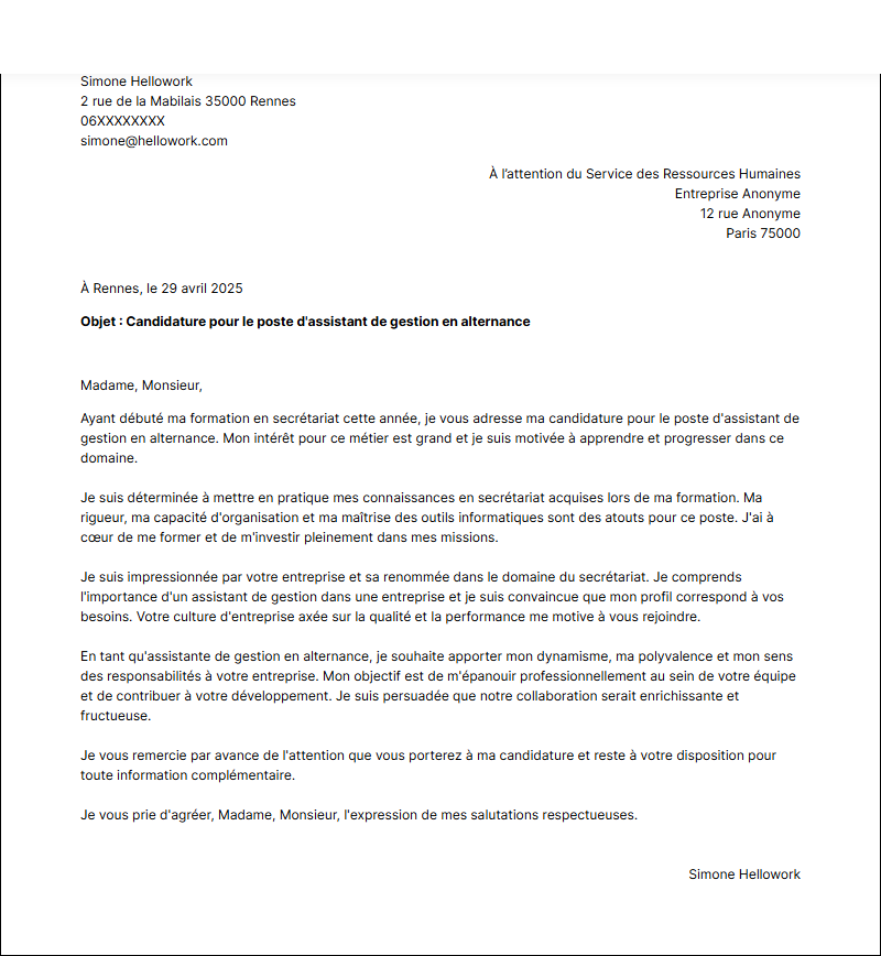 Modèle lettre de motivation Assistant de gestion en alternance Exemple lettre de motivation Assistant de gestion en alternance