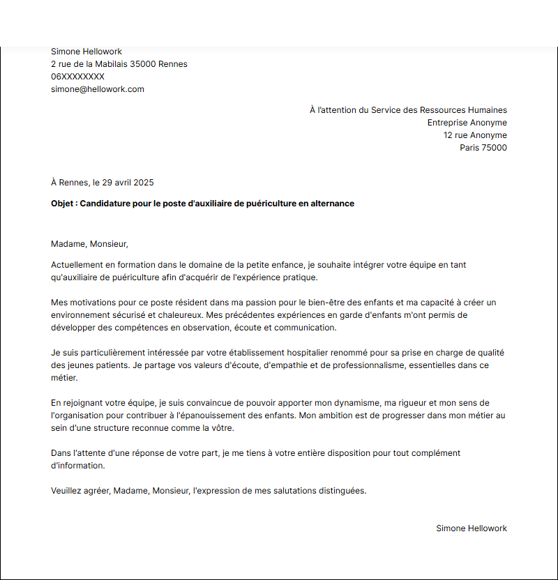 Modèle lettre de motivation Auxiliaire de puériculture en alternance Exemple lettre de motivation Auxiliaire de puériculture en alternance