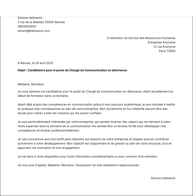 Modèle lettre de motivation Chargé de communication en alternance Exemple lettre de motivation Chargé de communication en alternance