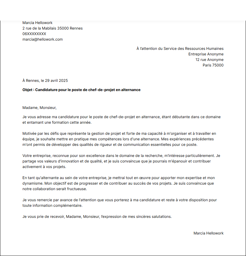 Modèle lettre de motivation Chef de projet en alternance Exemple lettre de motivation Chef de projet en alternance