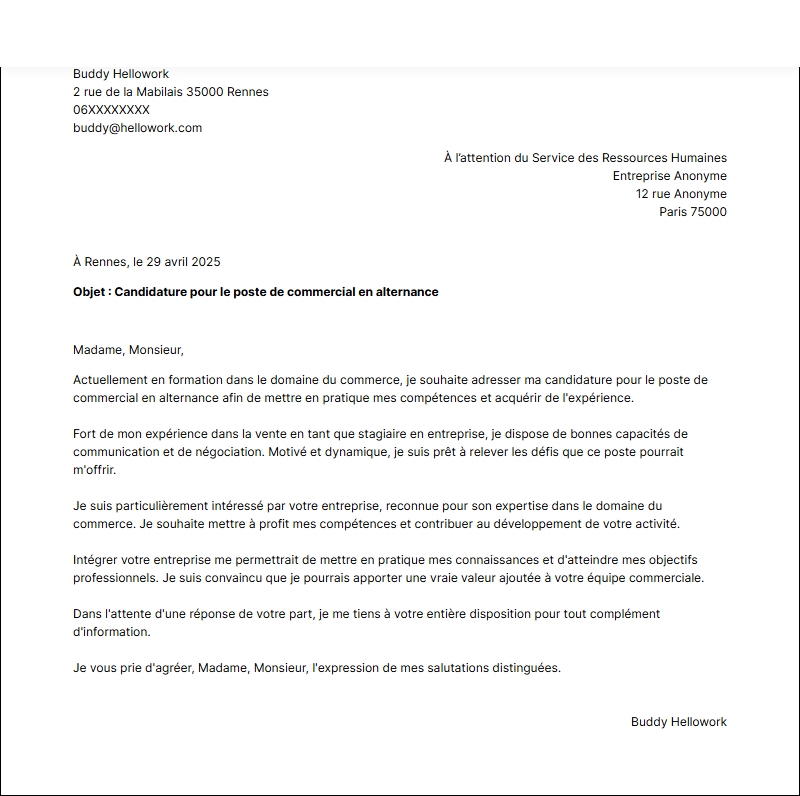 Modèle lettre de motivation Commercial en alternance Exemple lettre de motivation Commercial en alternance