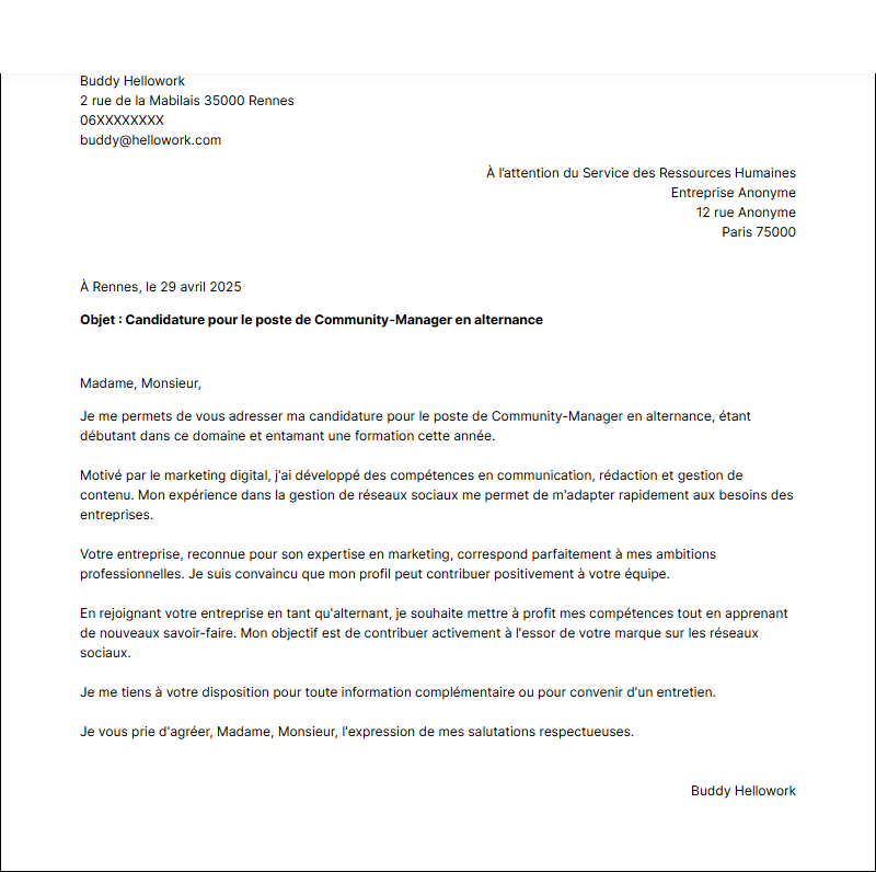 Exemple lettre de motivation Community manager en alternance