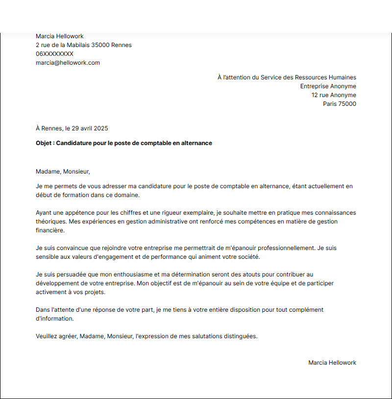 Modèle lettre de motivation Comptable en alternance Exemple lettre de motivation Comptable en alternance