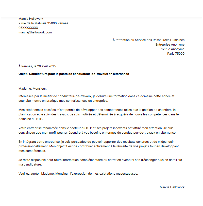 Modèle lettre de motivation Conducteur de travaux en alternance Exemple lettre de motivation Conducteur de travaux en alternance