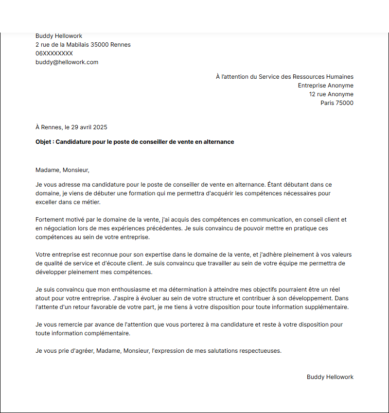 Modèle lettre de motivation Conseiller de vente en alternance Exemple lettre de motivation Conseiller de vente en alternance