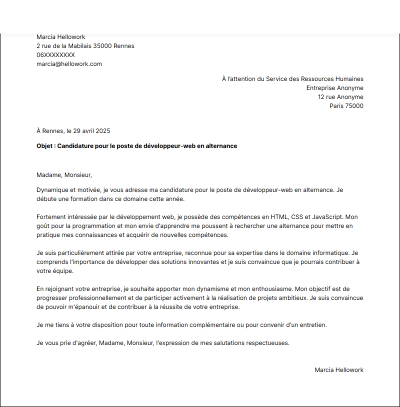 Modèle lettre de motivation Développeur web en alternance Exemple lettre de motivation Développeur web en alternance